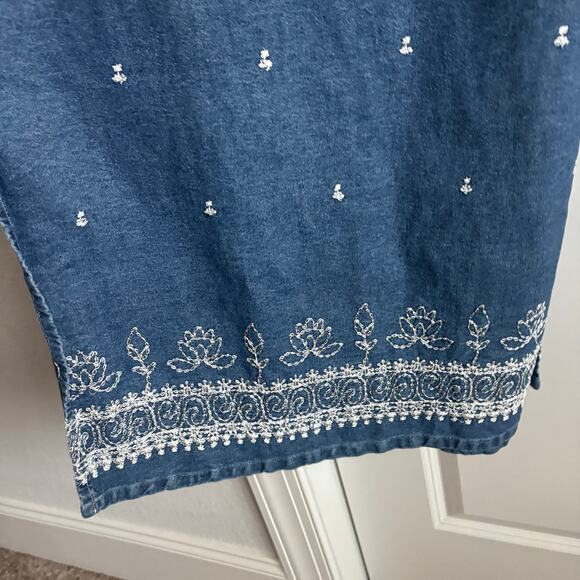 Vintage 90s FACETS Denim Maxi Dress Embroidered Cottagecore Square Neck Sz 14 - Picture 5 of 16